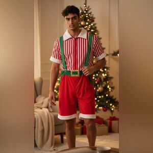NWT. Blizzard. Bay Men’s Short Sleeve Festive  Suspender Santa Red Romper Size M